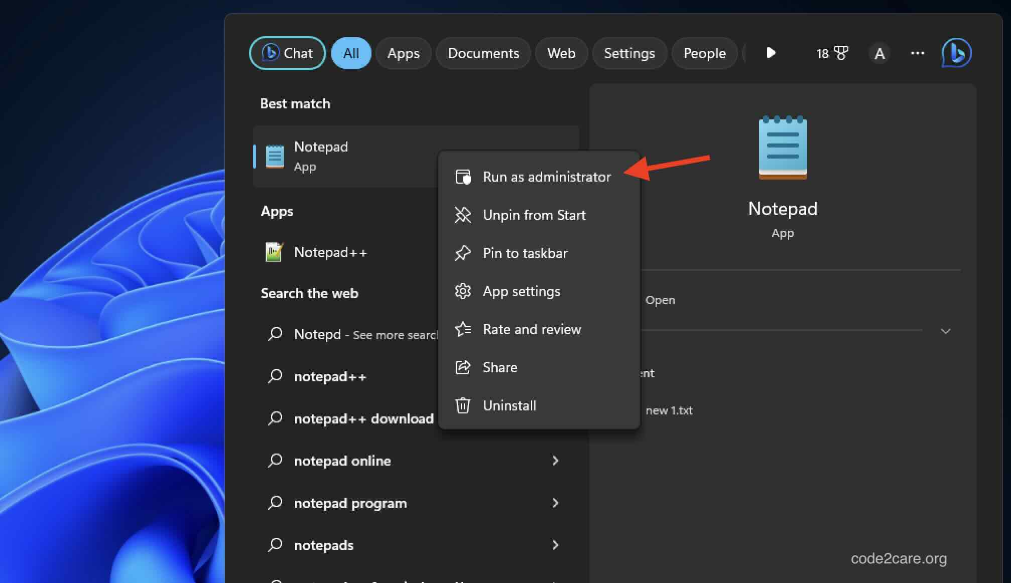 How to Open Notepad as Administrator on Windows 11 Code2care